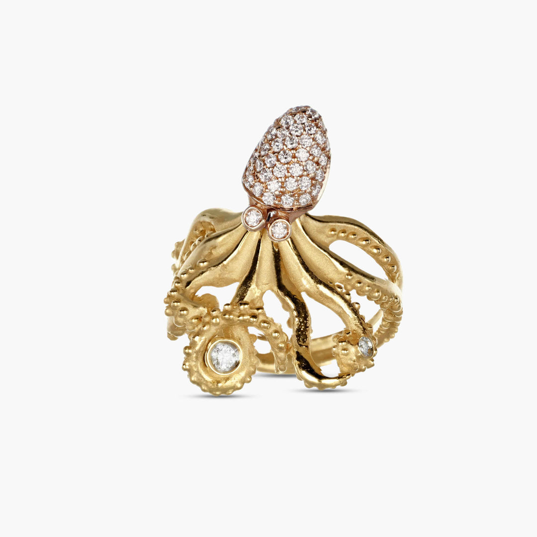 MassimoIzzoJeweler_BrightMovingHeadOctopusRing_YellowGold18kt_Diamonds_Fronte