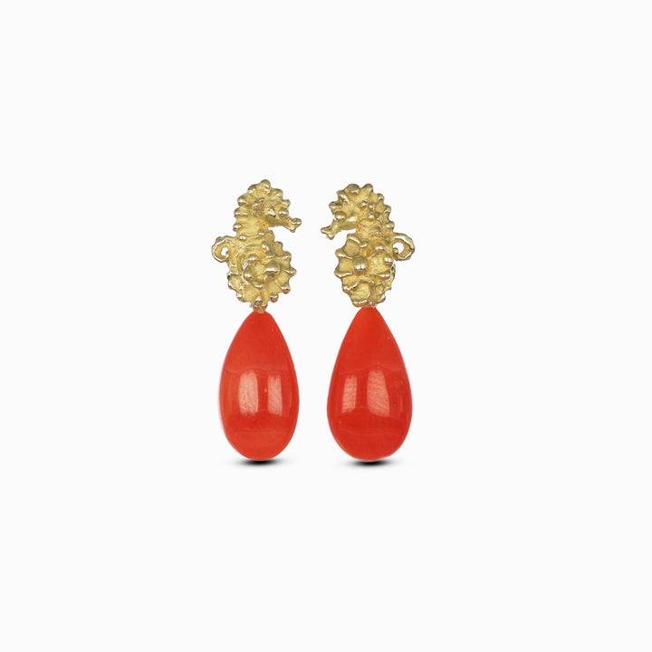 MassimoIzzoJeweler_CoralSeahorseDropEarringsS_YellowGold_Coral_Fronte