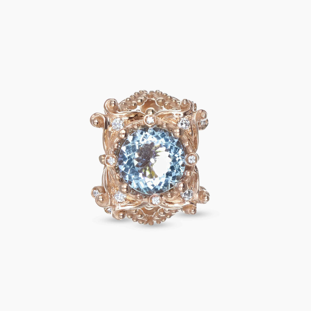MassimoIzzoJeweler_LoveTempleRing_RoseGold18kt_Diamonds_Acquamarine_frontale