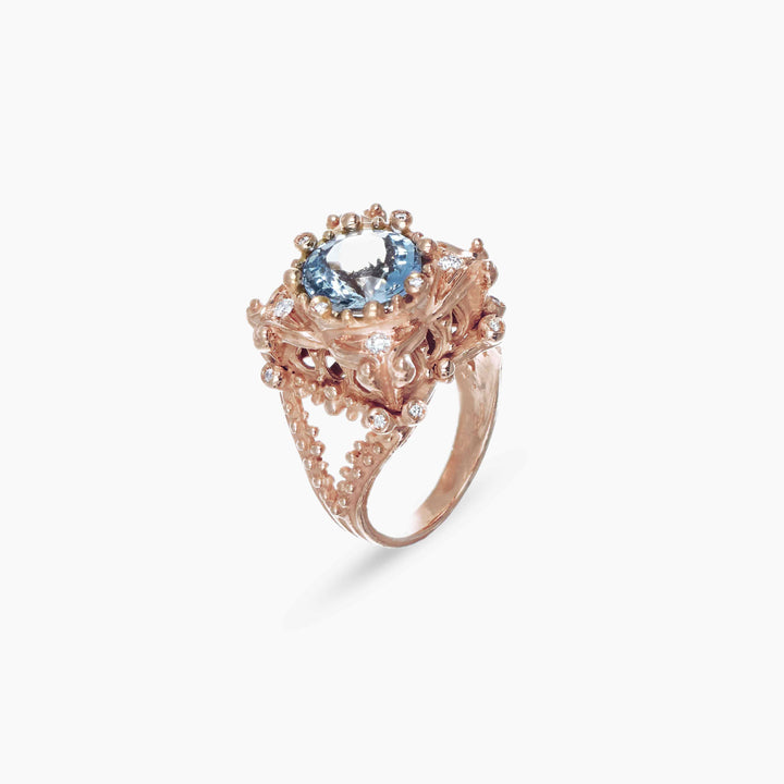 MassimoIzzoJeweler_LoveTempleRing_RoseGold18kt_Diamonds_Acquamarine_principale