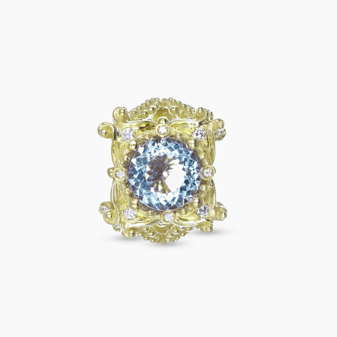 MassimoIzzoJeweler_LoveTempleRing_YellowGold18kt_Diamonds_Acquamarine_frontale