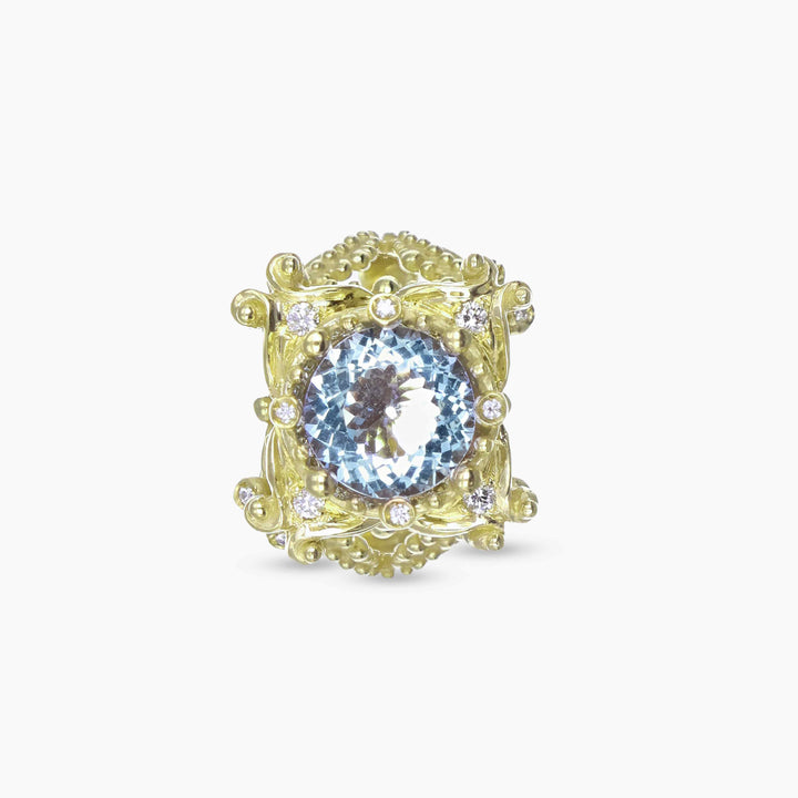 MassimoIzzoJeweler_LoveTempleRing_YellowGold18kt_Diamonds_Acquamarine_frontale