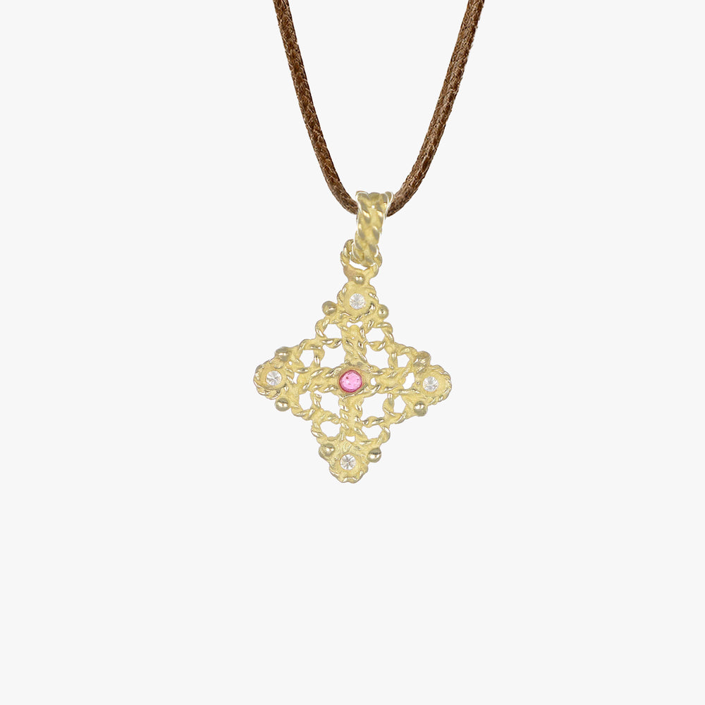 MassimoIzzoJewelers_CrossPendant_YellowGold18kt_Diamonds_RedRuby_Retro